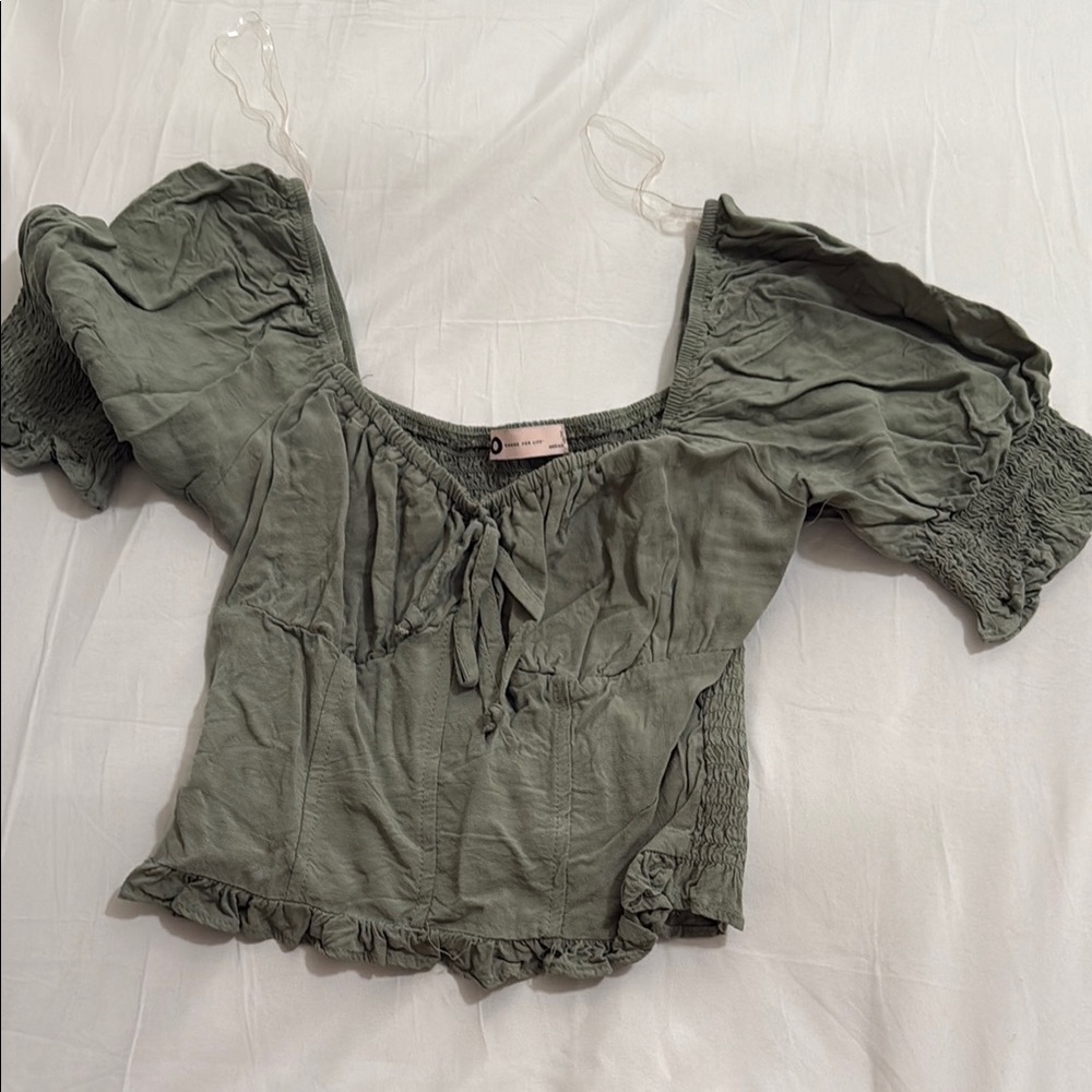 SO Green Puff Sleeve Crop Blouse